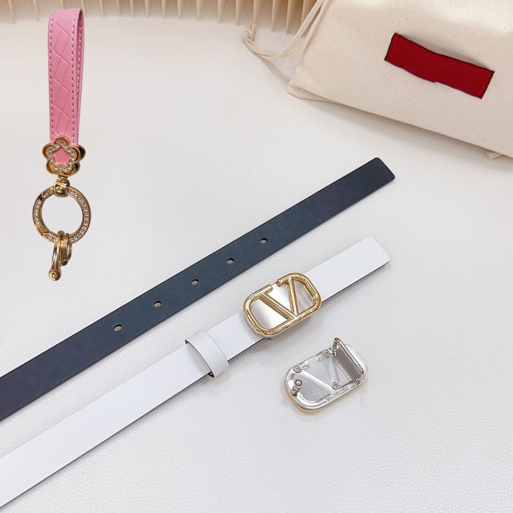 VALENTINO Gold Vlogo and Silver Hardware Buckle White Black Calfskin 20mm