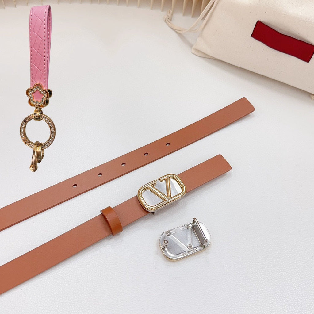 VALENTINO Gold Vlogo and Silver Hardware Buckle Tan Calfskin 20mm