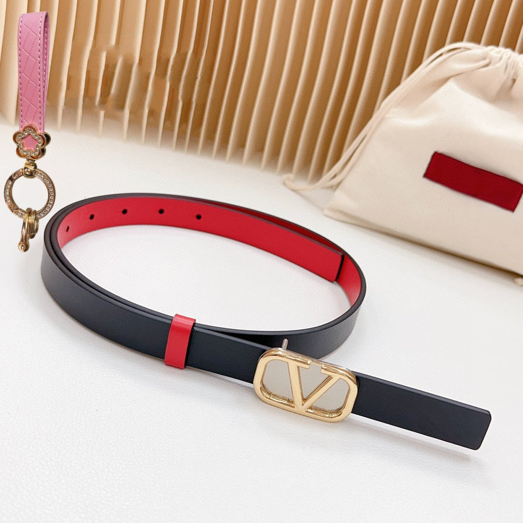 VALENTINO Gold Vlogo and Silver Hardware Buckle Black Red Calfskin 20mm