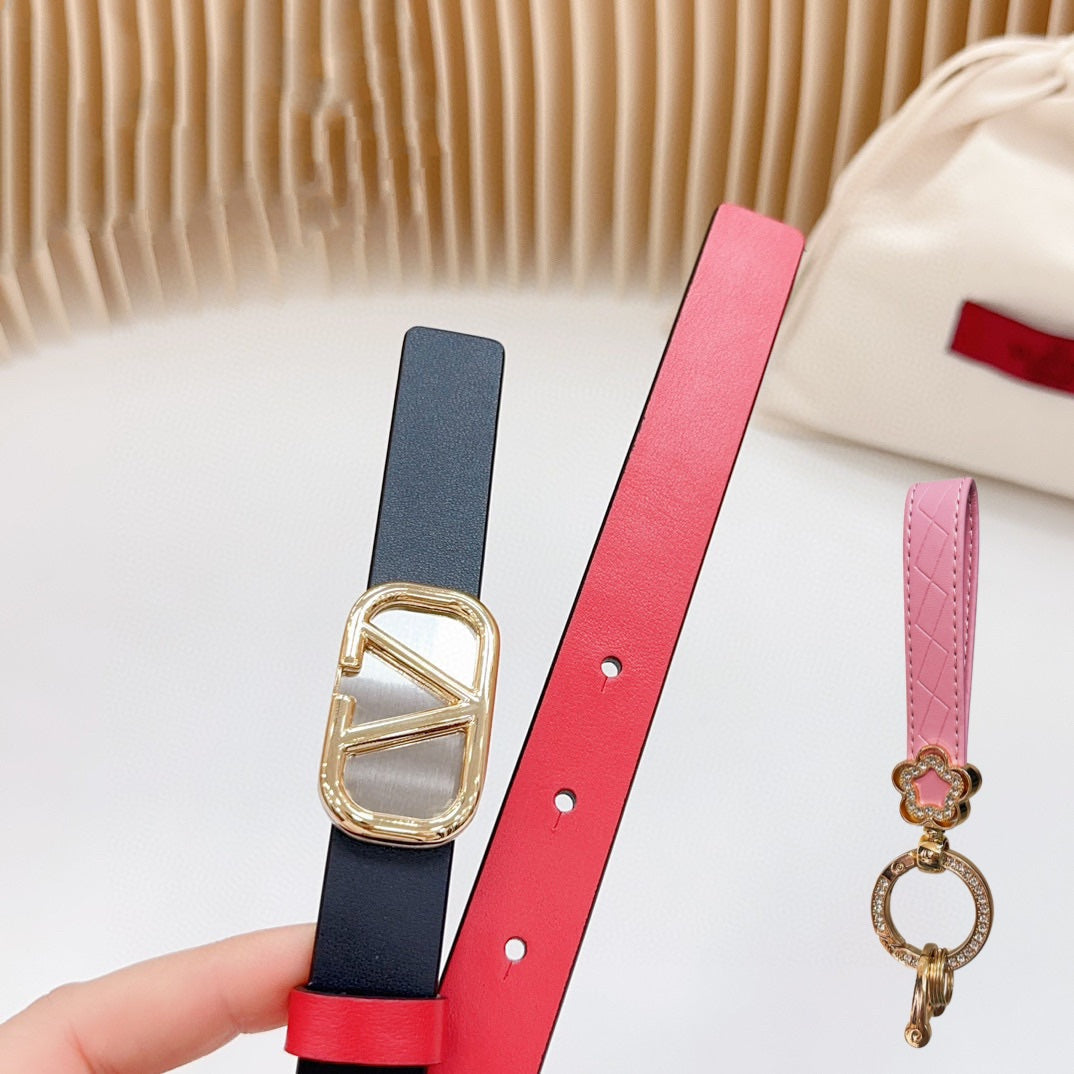 VALENTINO Gold Vlogo and Silver Hardware Buckle Black Red Calfskin 20mm