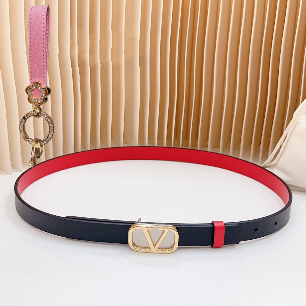VALENTINO Gold Vlogo and Silver Hardware Buckle Black Red Calfskin 20mm