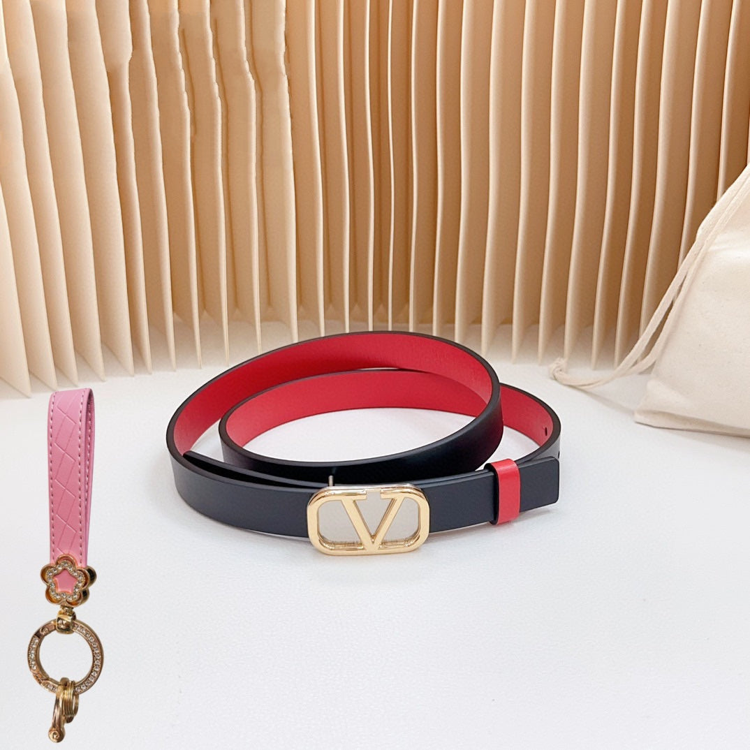 VALENTINO Gold Vlogo and Silver Hardware Buckle Black Red Calfskin 20mm