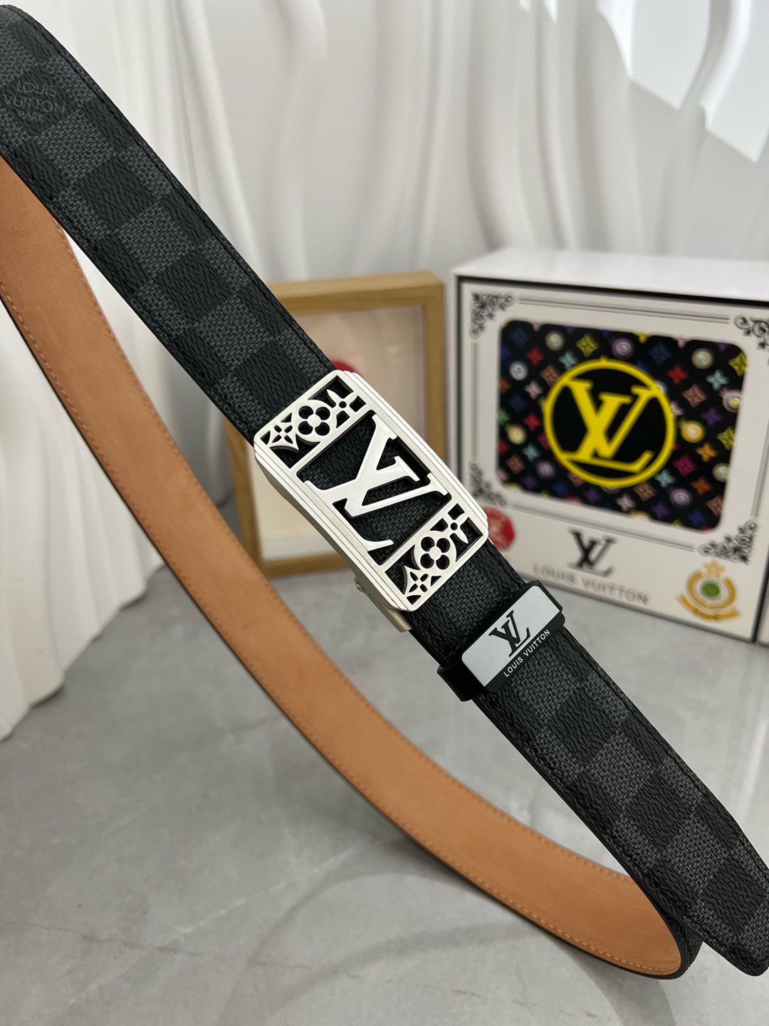 LOUIS VUITTON LV 25S BELT 35 MM IN BLACK MIX GREY CALFSKIN 593275