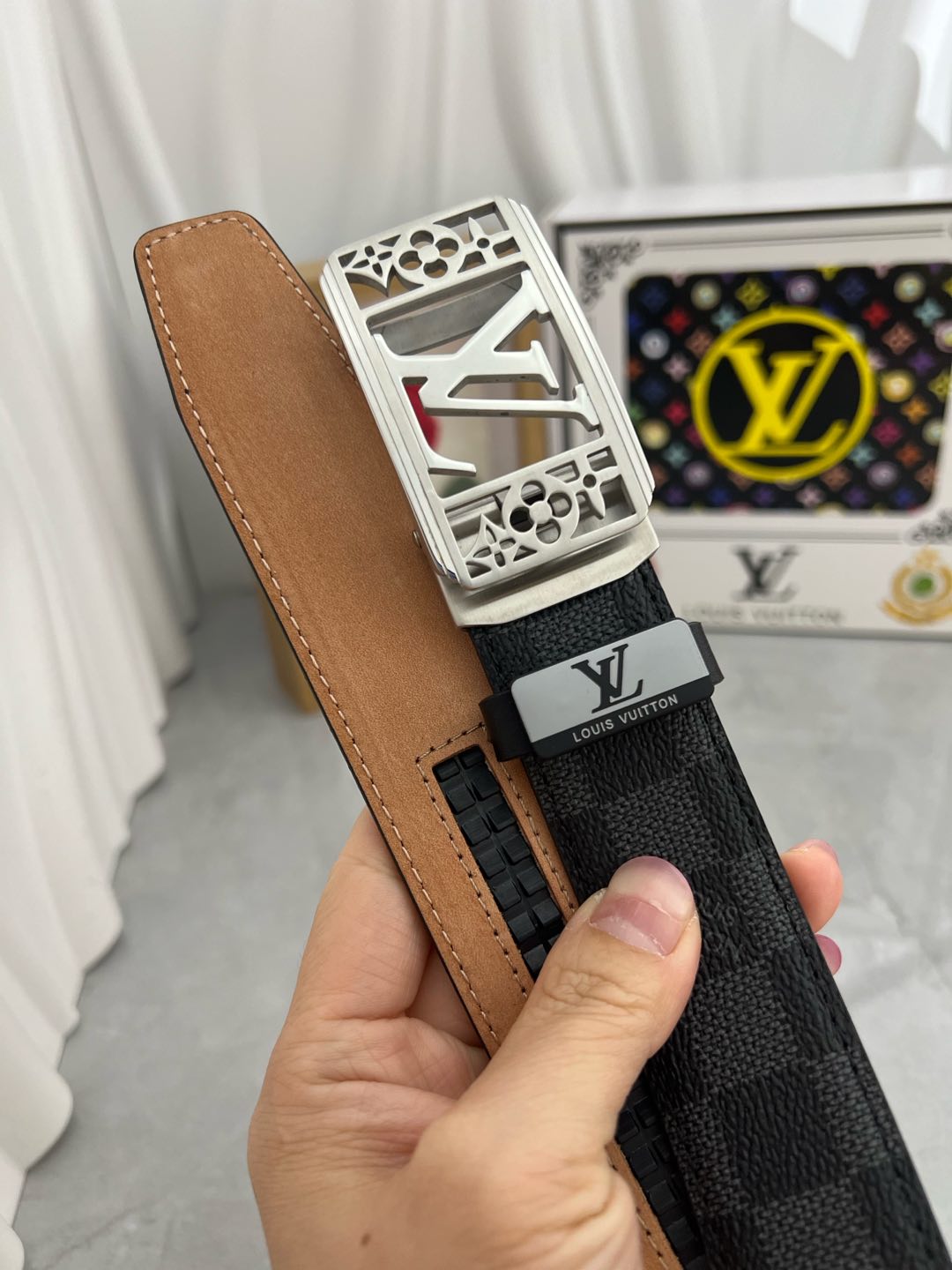 LOUIS VUITTON LV 25S BELT 35 MM IN BLACK MIX GREY CALFSKIN 593275