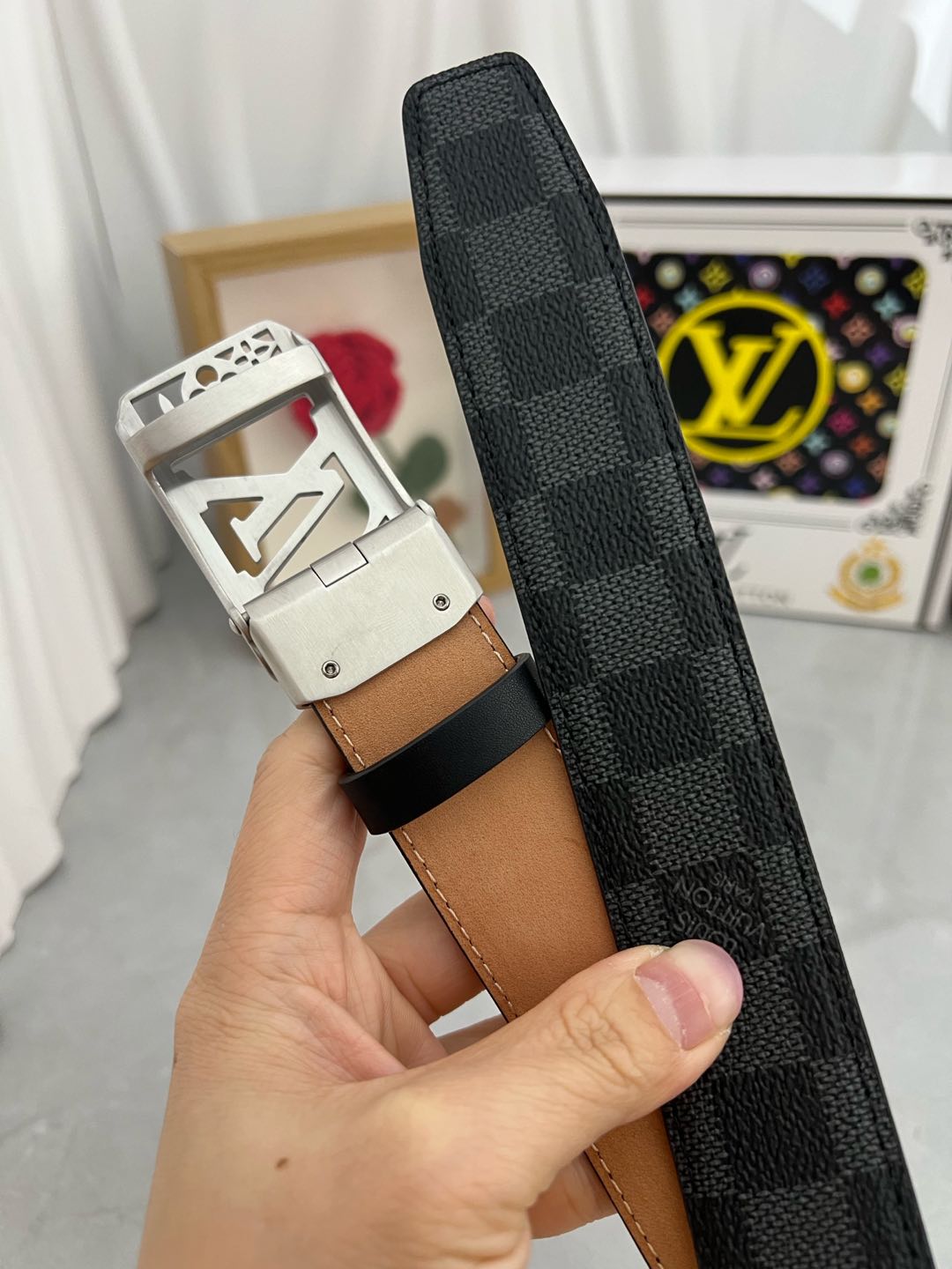 LOUIS VUITTON LV 25S BELT 35 MM IN BLACK MIX GREY CALFSKIN 593275
