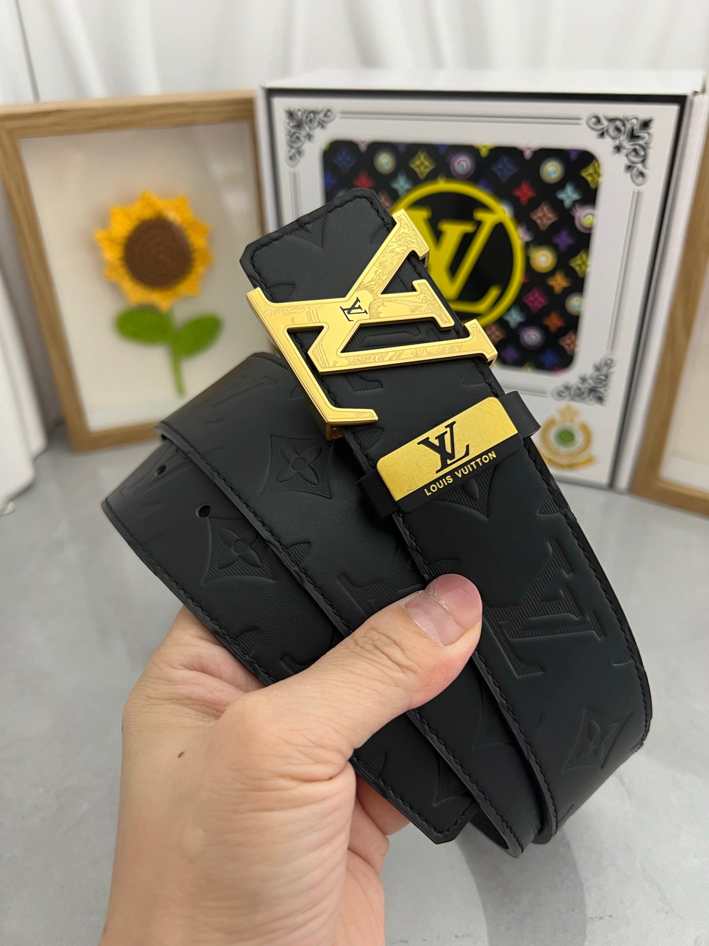 LOUIS VUITTON LV 25S BELT 38 MM IN BLACK CALFSKIN STAMP LOGO 593296