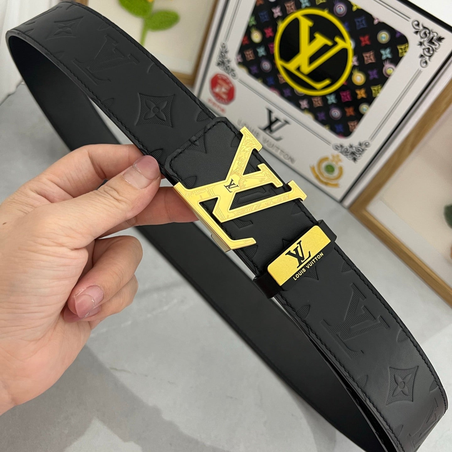 LOUIS VUITTON LV 25S BELT 38 MM IN BLACK CALFSKIN STAMP LOGO 593296