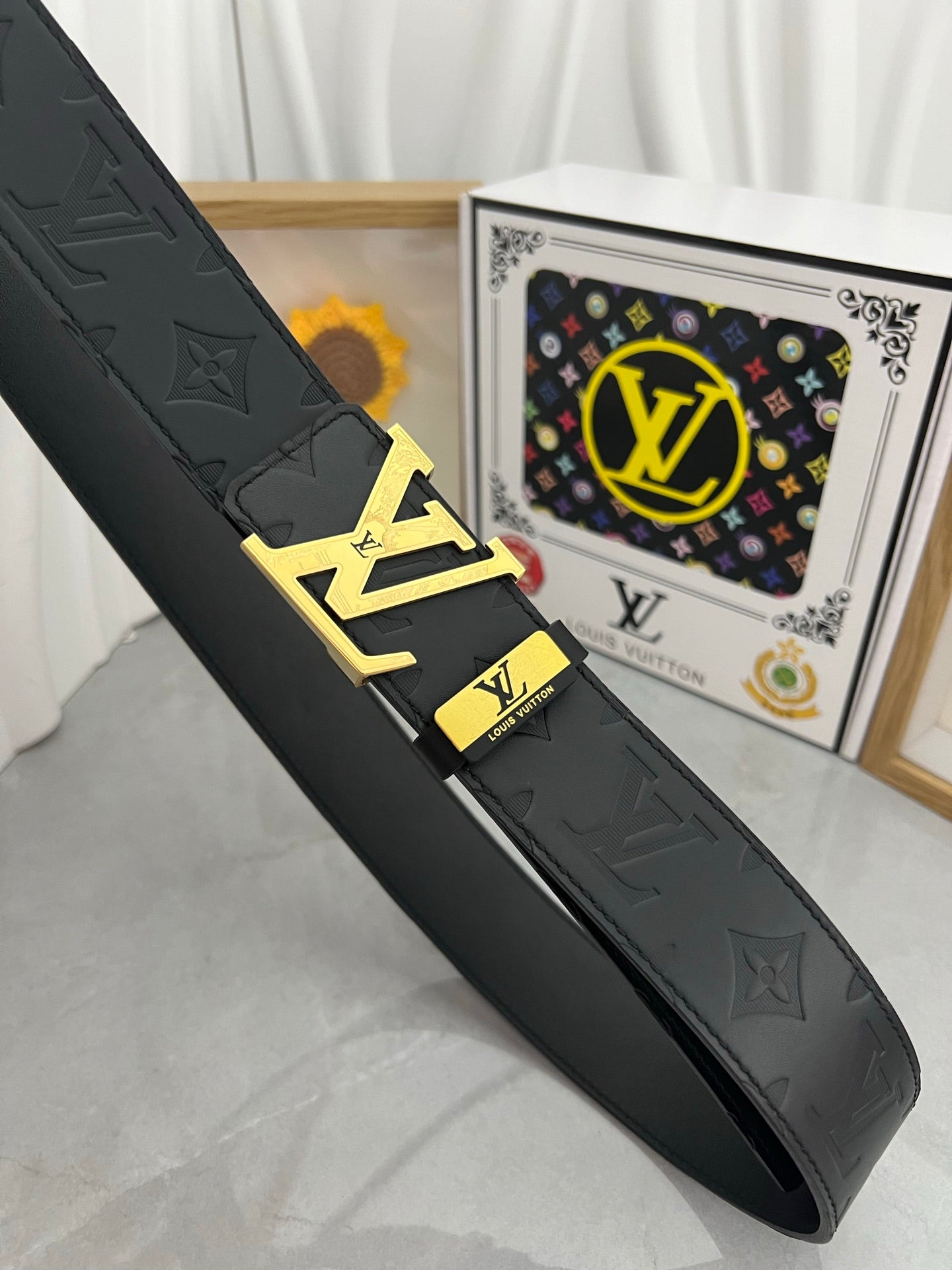 LOUIS VUITTON LV 25S BELT 38 MM IN BLACK CALFSKIN STAMP LOGO 593296