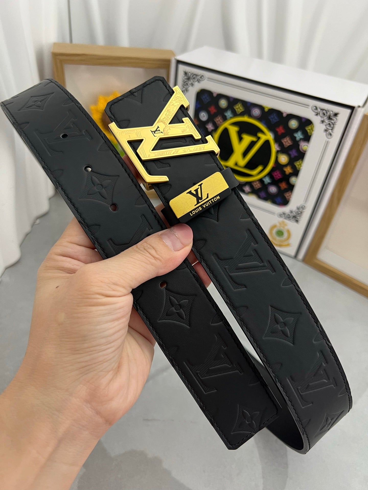 LOUIS VUITTON LV 25S BELT 38 MM IN BLACK CALFSKIN STAMP LOGO 593296
