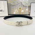 CHANEL DOUBLE C BELT 30MM IN WHITE CALFSKIN WITH SHINY SILVER BUCKLE