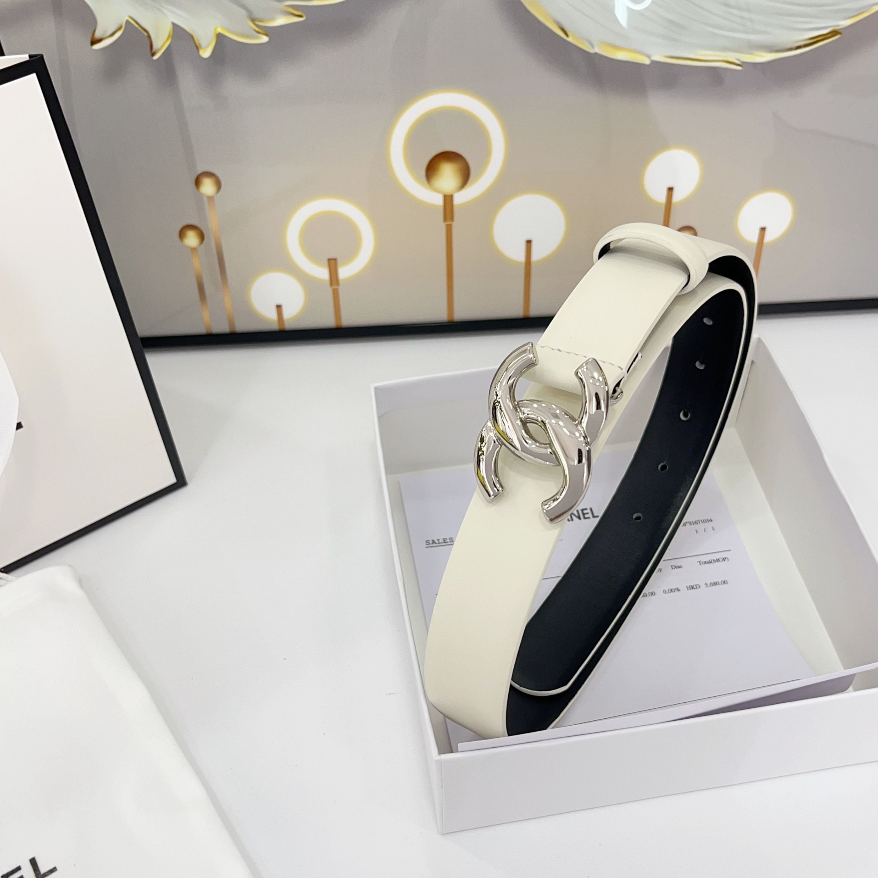 CHANEL DOUBLE C BELT 30MM IN WHITE CALFSKIN WITH SHINY SILVER BUCKLE