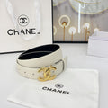 CHANEL DOUBLE C BELT 30MM IN WHITE CALFSKIN WITH SHINY GOLD BUCKLE