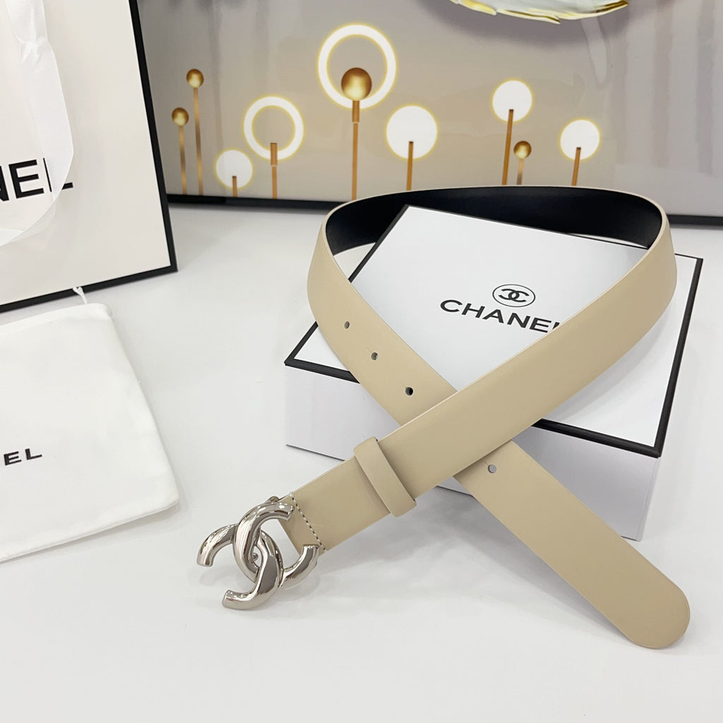 CHANEL DOUBLE C BELT 30MM IN BEIGE CALFSKIN WITH SHINY SILVER BUCKLE