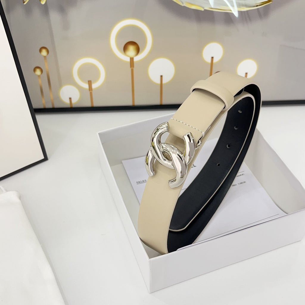 CHANEL DOUBLE C BELT 30MM IN BEIGE CALFSKIN WITH SHINY SILVER BUCKLE