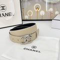 CHANEL DOUBLE C BELT 30MM IN BEIGE CALFSKIN WITH SHINY SILVER BUCKLE