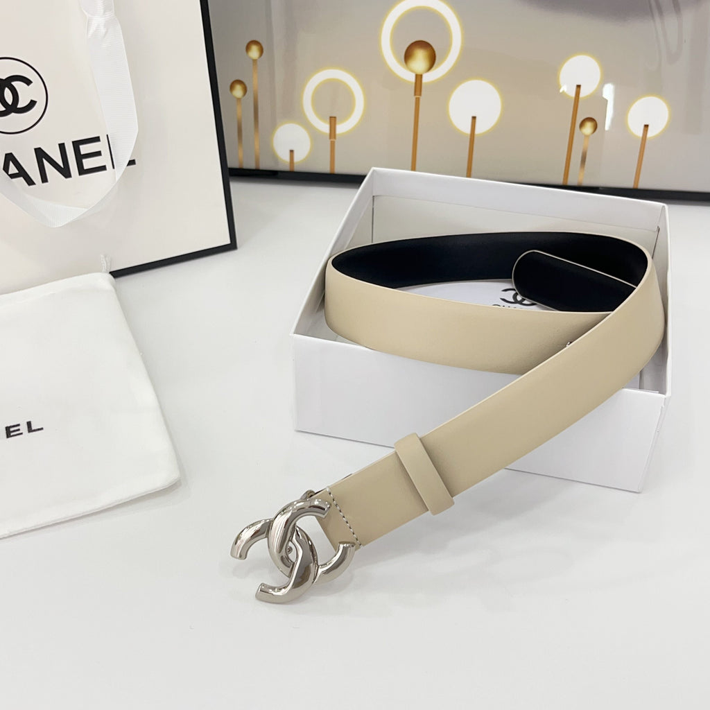 CHANEL DOUBLE C BELT 30MM IN BEIGE CALFSKIN WITH SHINY SILVER BUCKLE