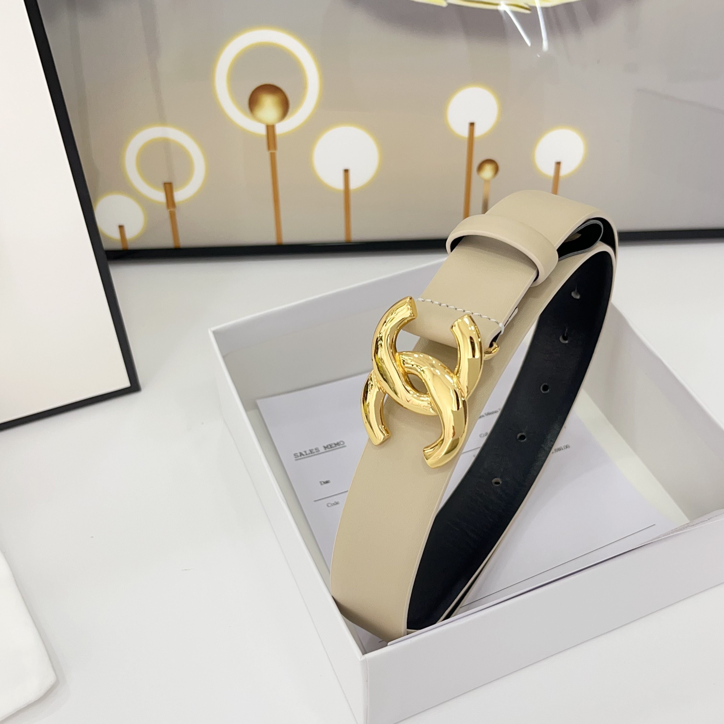 CHANEL DOUBLE C BELT 30MM IN BEIGE CALFSKIN WITH SHINY GOLD BUCKLE