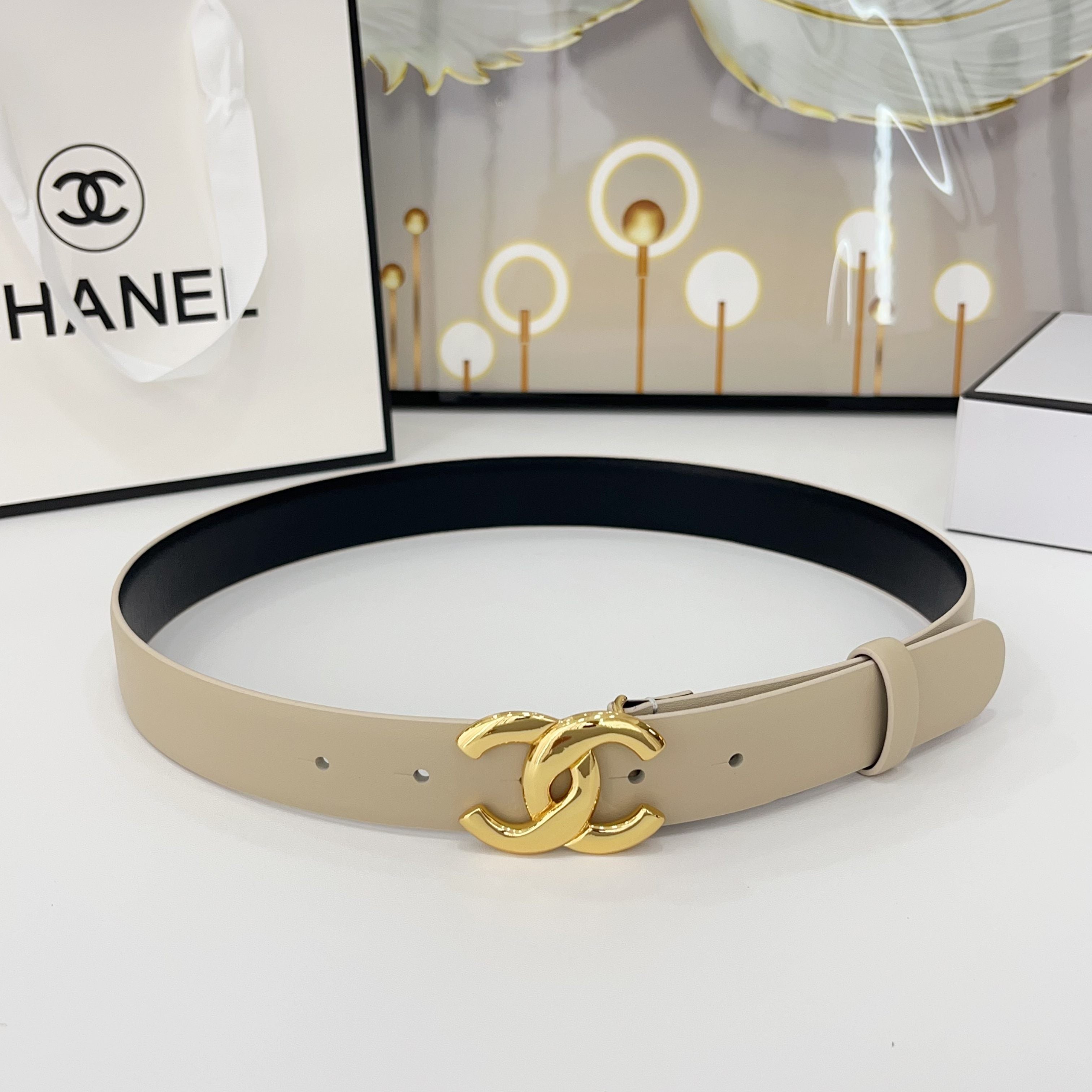 CHANEL DOUBLE C BELT 30MM IN BEIGE CALFSKIN WITH SHINY GOLD BUCKLE