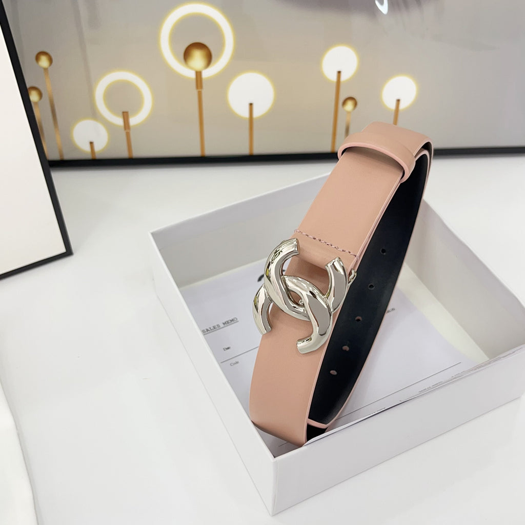 CHANEL DOUBLE C BELT 30MM IN BABY PINK CALFSKIN WITH SHINY SILVER BUCKLE