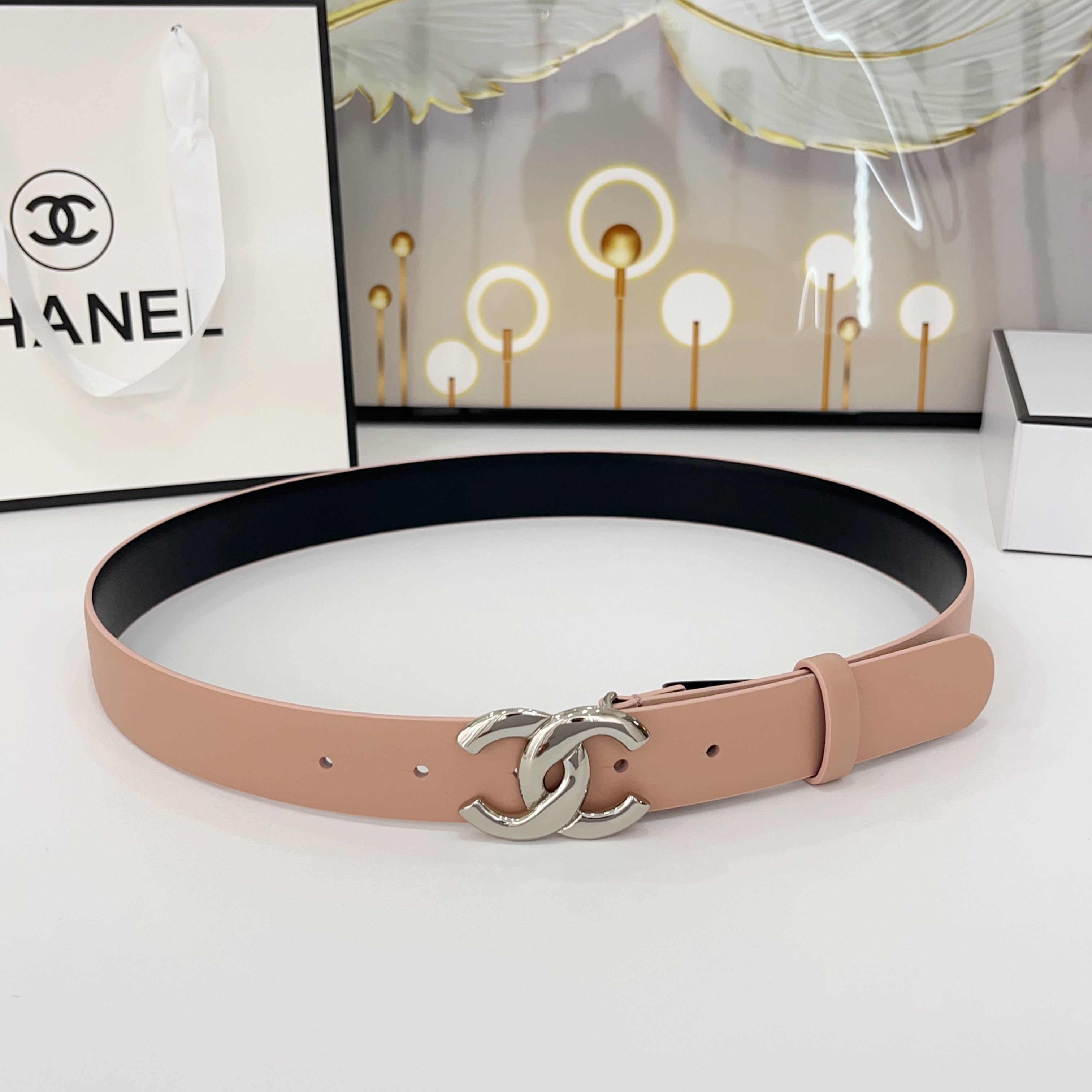 CHANEL DOUBLE C BELT 30MM IN BABY PINK CALFSKIN WITH SHINY SILVER BUCKLE