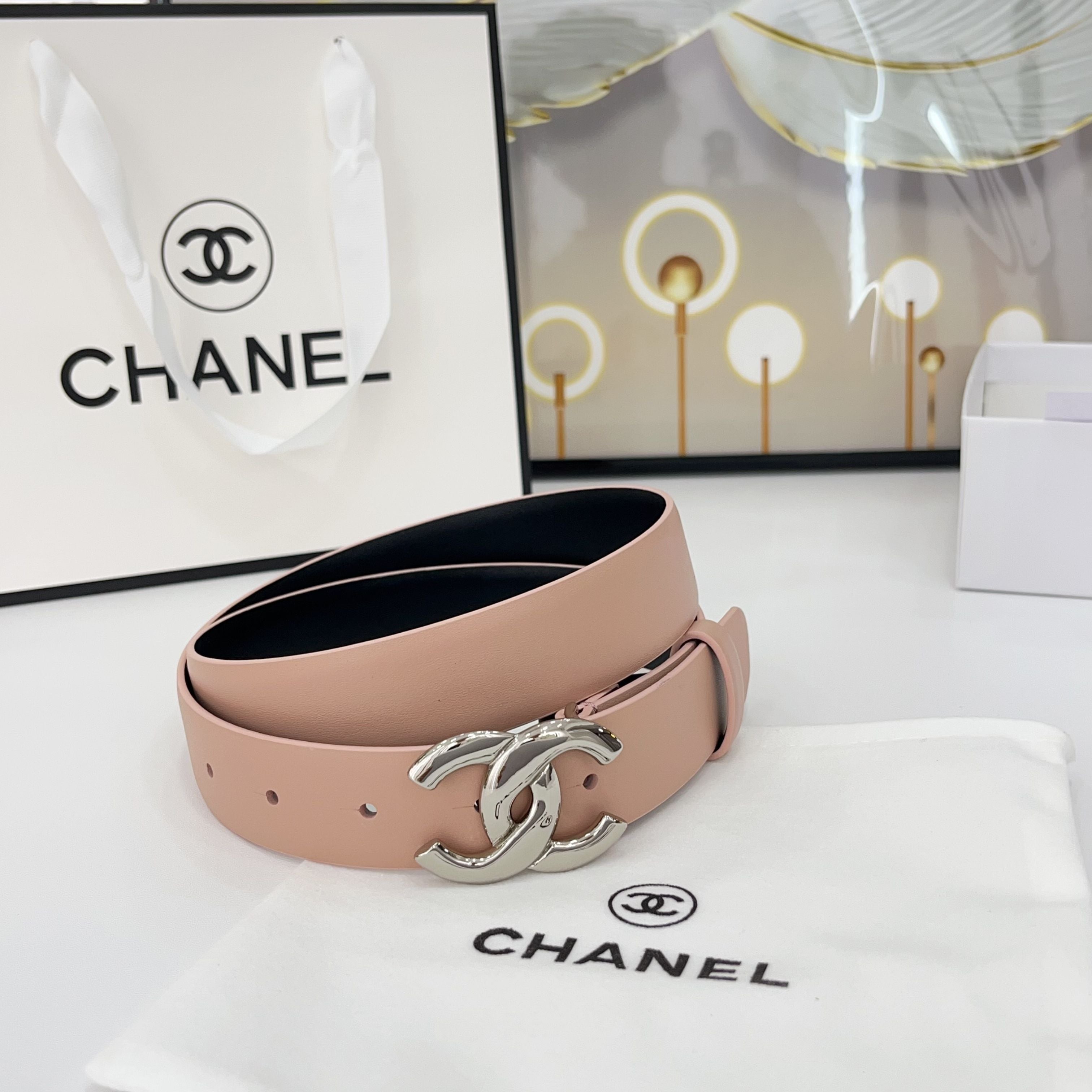 CHANEL DOUBLE C BELT 30MM IN BABY PINK CALFSKIN WITH SHINY SILVER BUCKLE