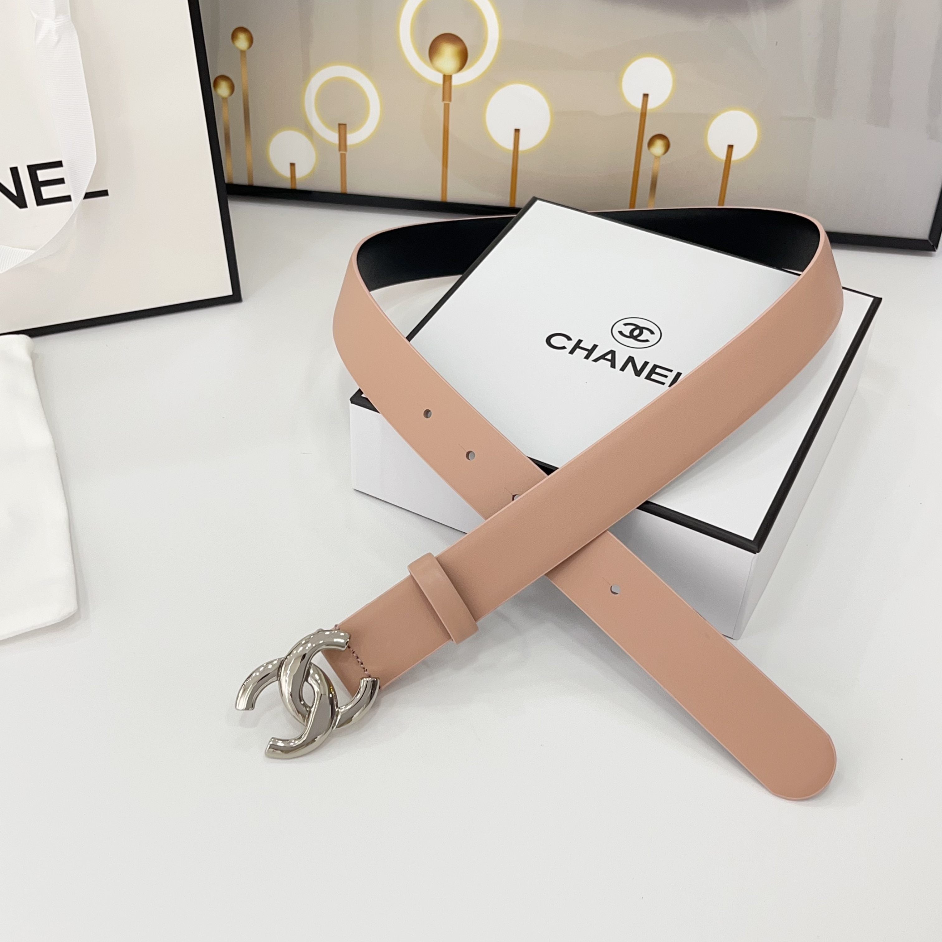 CHANEL DOUBLE C BELT 30MM IN BABY PINK CALFSKIN WITH SHINY SILVER BUCKLE