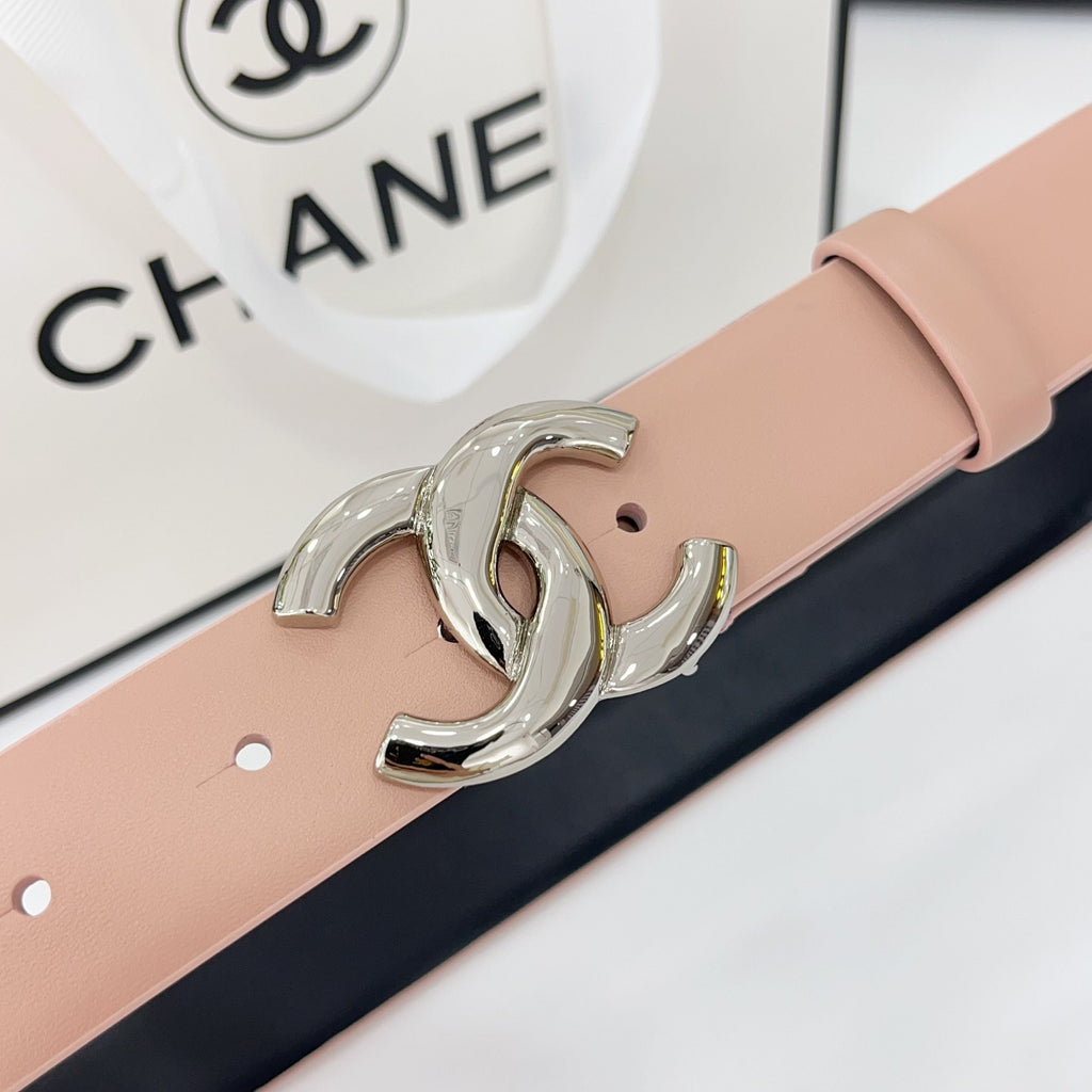 CHANEL DOUBLE C BELT 30MM IN BABY PINK CALFSKIN WITH SHINY SILVER BUCKLE