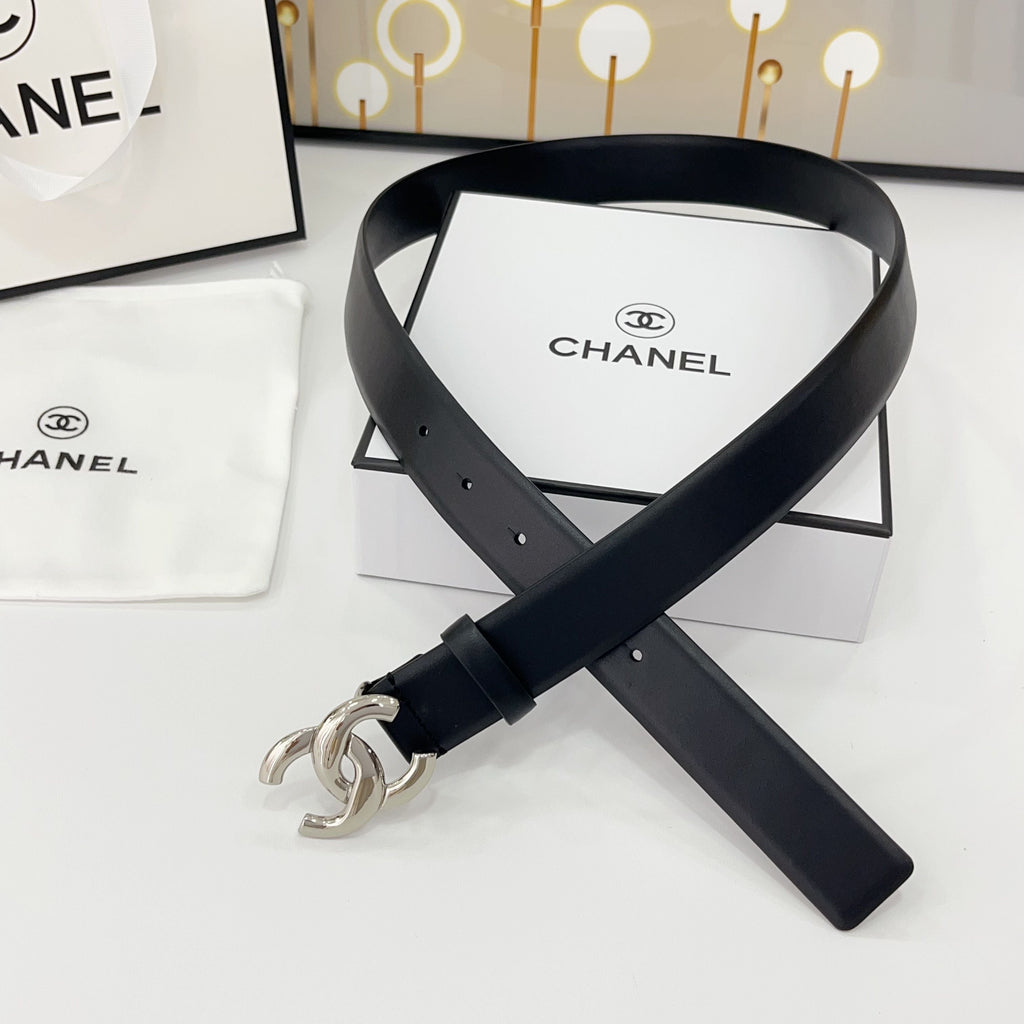 CHANEL DOUBLE C BELT 30MM IN BLACK CALFSKIN WITH SHINY SILVER BUCKLE