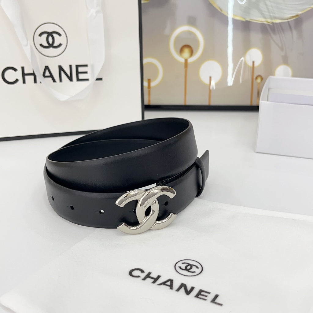 CHANEL DOUBLE C BELT 30MM IN BLACK CALFSKIN WITH SHINY SILVER BUCKLE