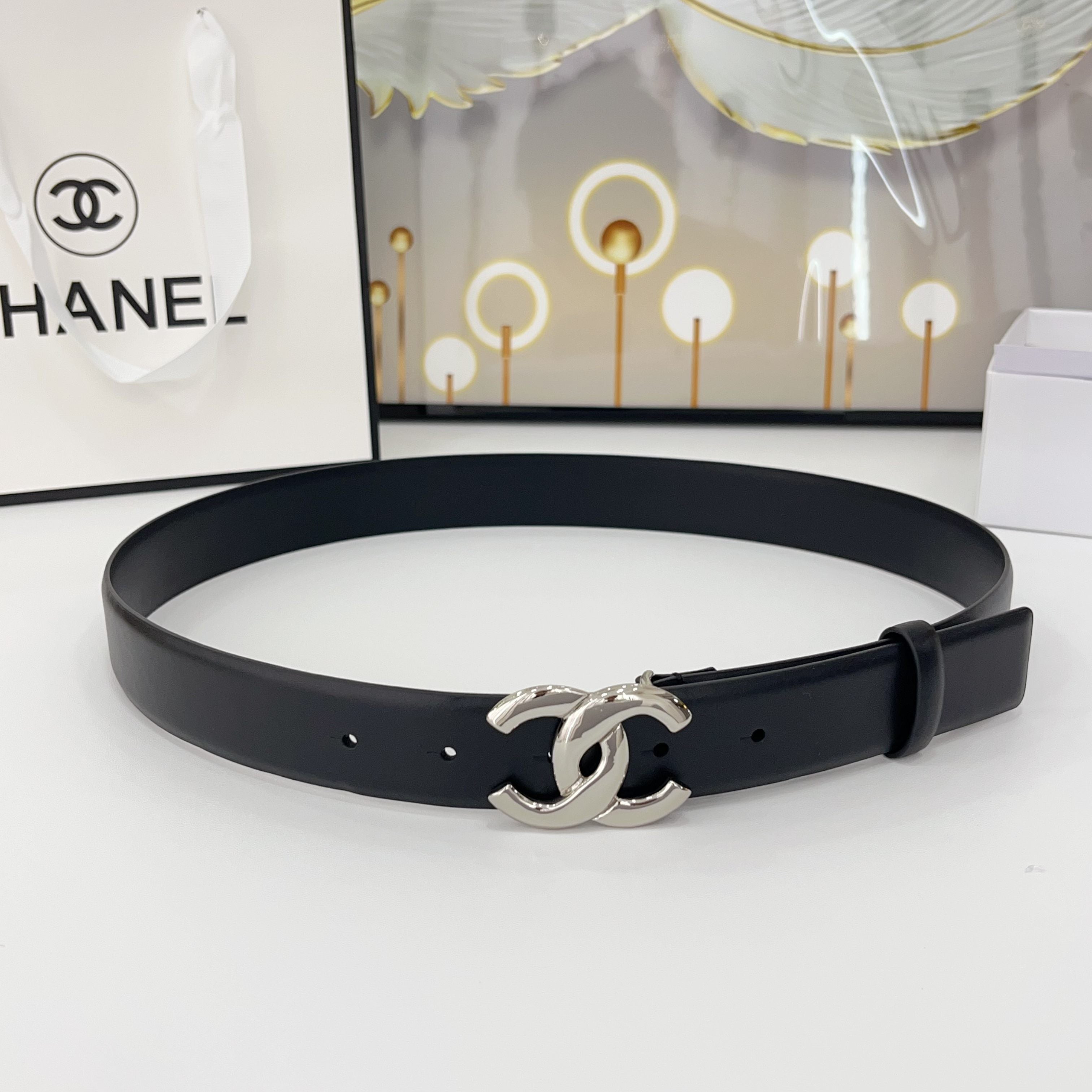 CHANEL DOUBLE C BELT 30MM IN BLACK CALFSKIN WITH SHINY SILVER BUCKLE