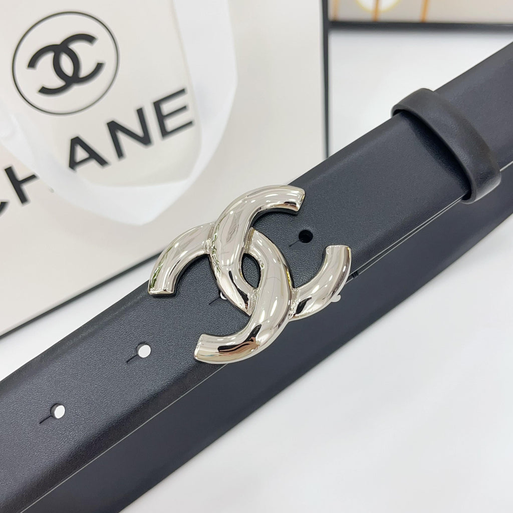 CHANEL DOUBLE C BELT 30MM IN BLACK CALFSKIN WITH SHINY SILVER BUCKLE
