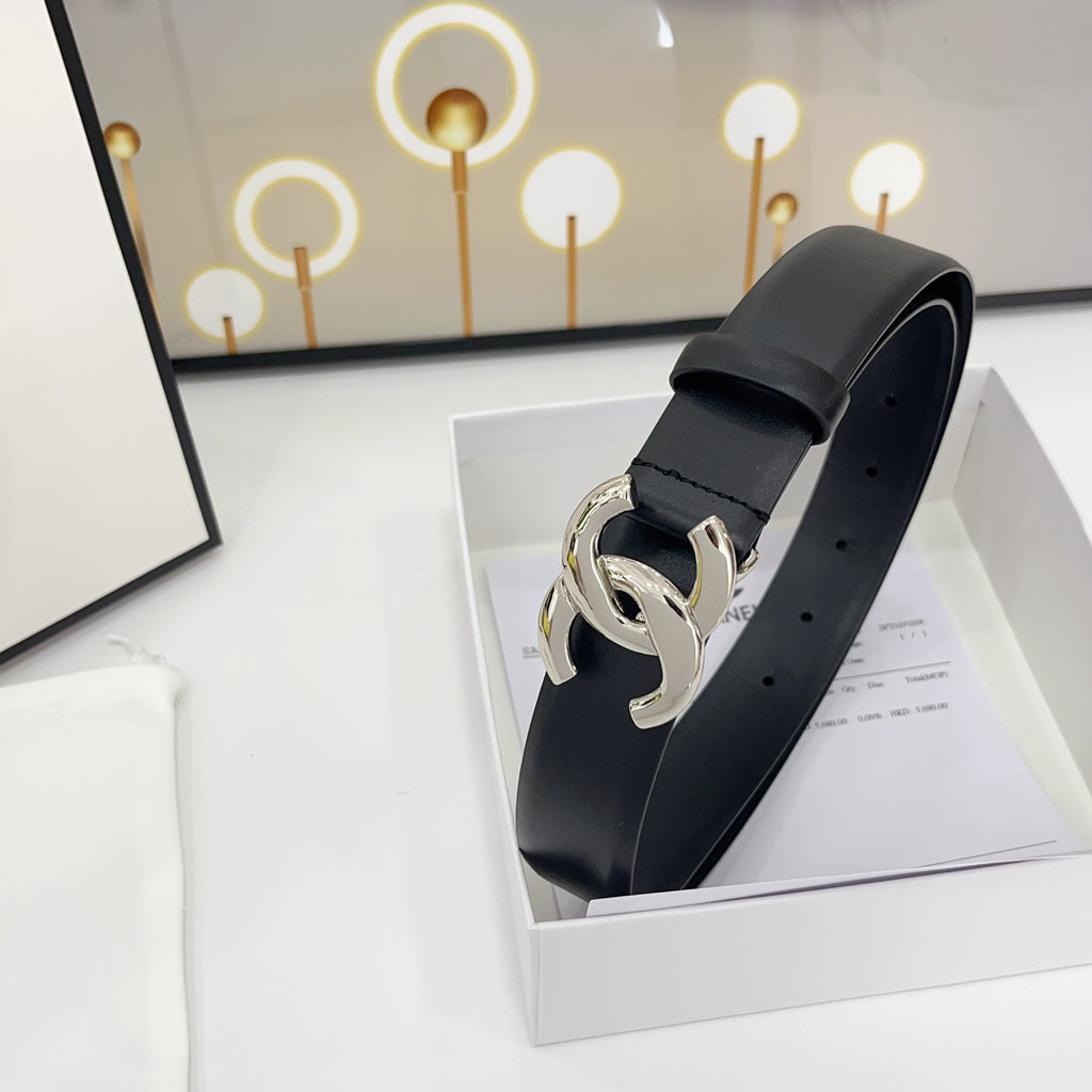 CHANEL DOUBLE C BELT 30MM IN BLACK CALFSKIN WITH SHINY SILVER BUCKLE