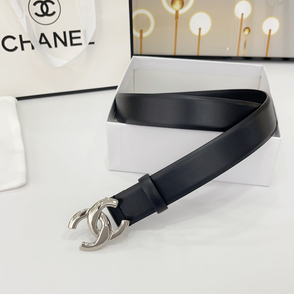CHANEL DOUBLE C BELT 30MM IN BLACK CALFSKIN WITH SHINY SILVER BUCKLE