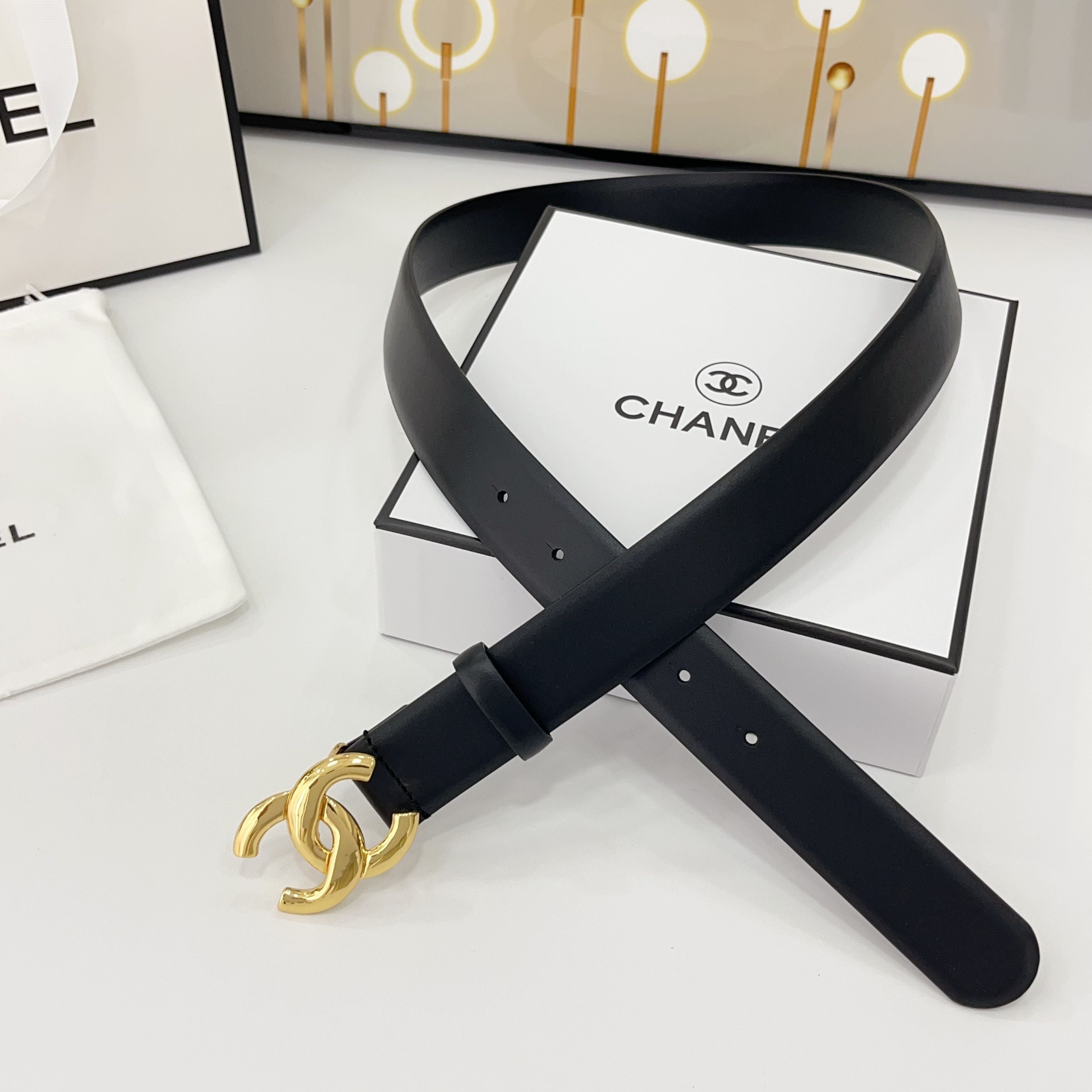 CHANEL DOUBLE C BELT 30MM IN BLACK CALFSKIN WITH SHINY GOLD BUCKLE
