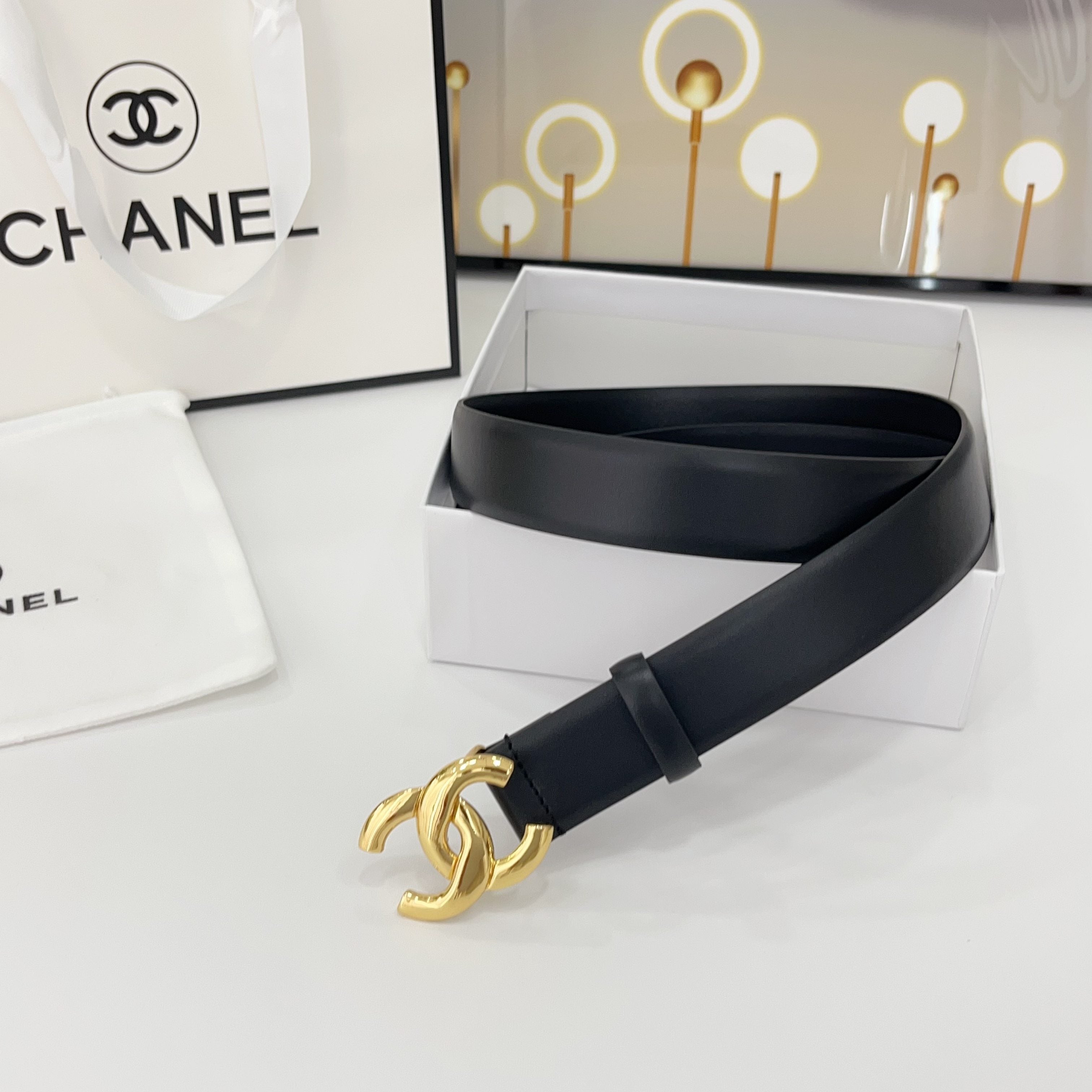 CHANEL DOUBLE C BELT 30MM IN BLACK CALFSKIN WITH SHINY GOLD BUCKLE