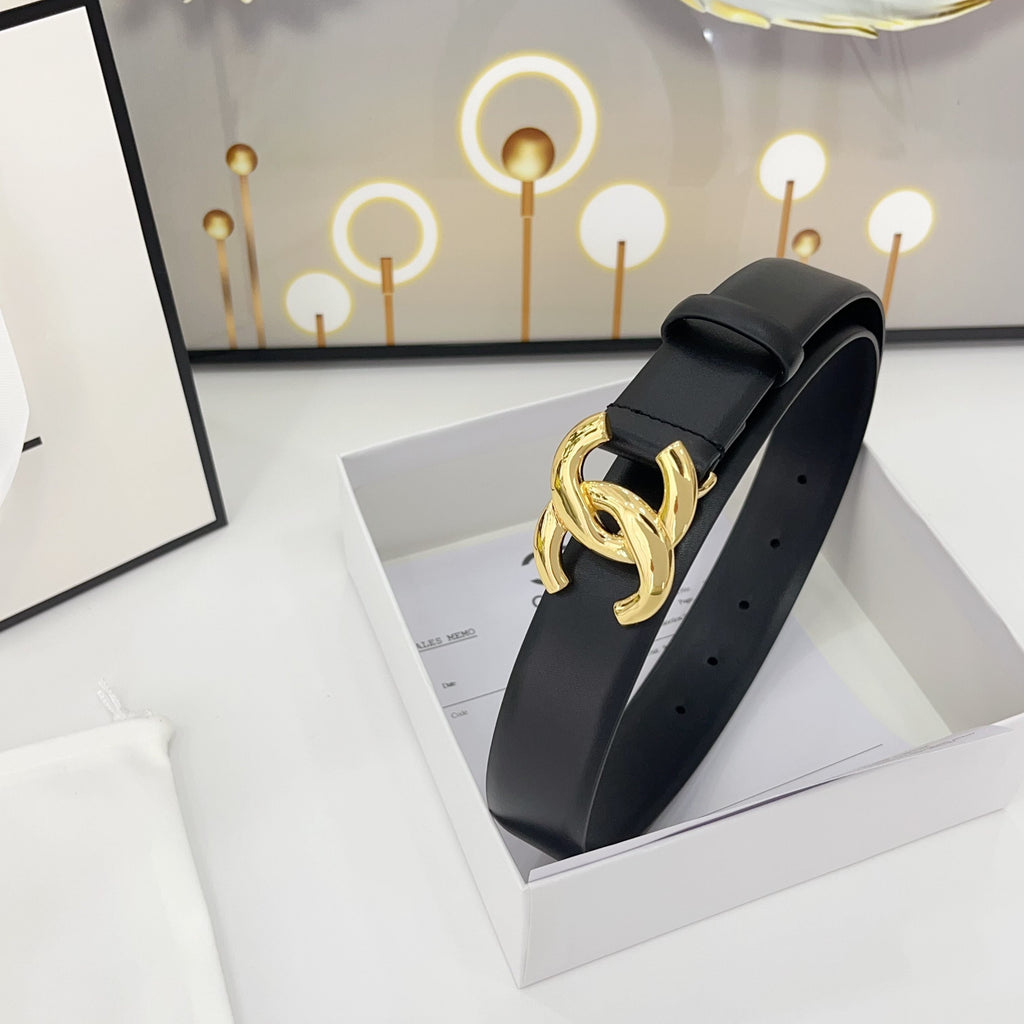 CHANEL DOUBLE C BELT 30MM IN BLACK CALFSKIN WITH SHINY GOLD BUCKLE