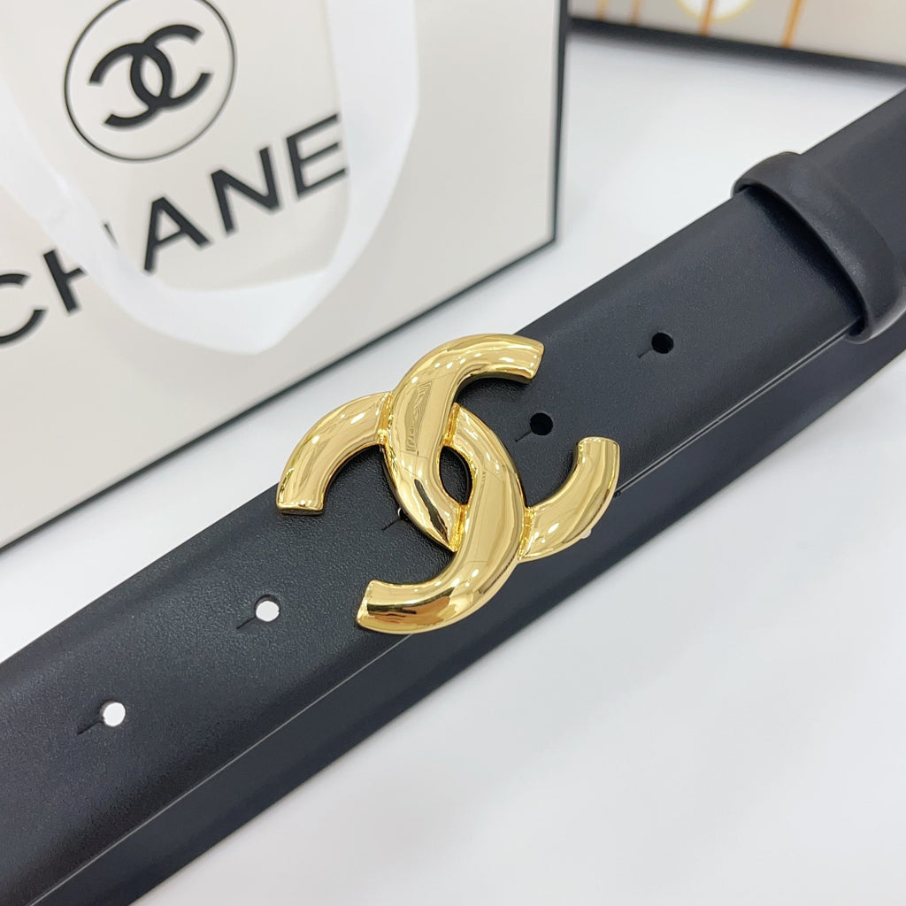 CHANEL DOUBLE C BELT 30MM IN BLACK CALFSKIN WITH SHINY GOLD BUCKLE