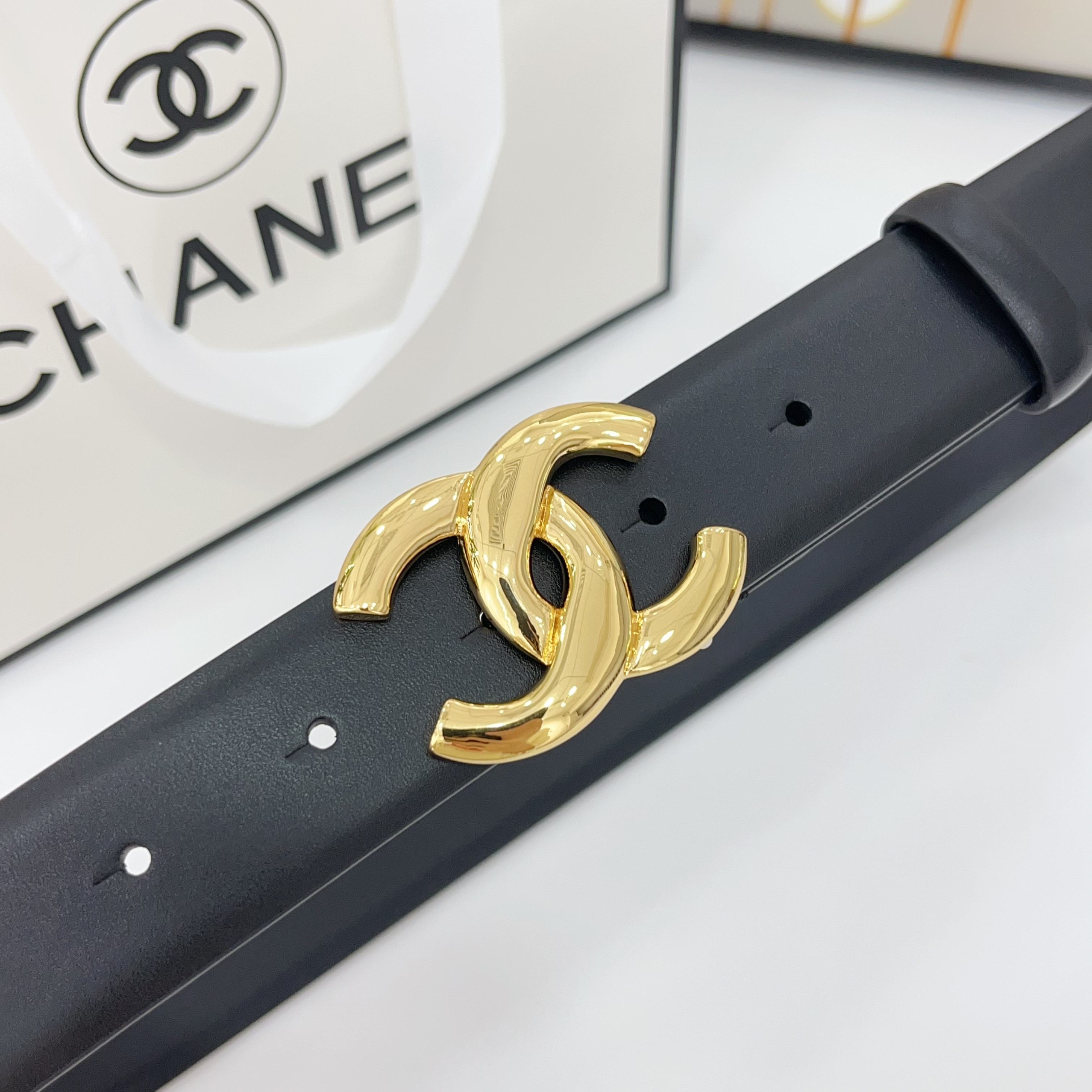 CHANEL DOUBLE C BELT 30MM IN BLACK CALFSKIN WITH SHINY GOLD BUCKLE