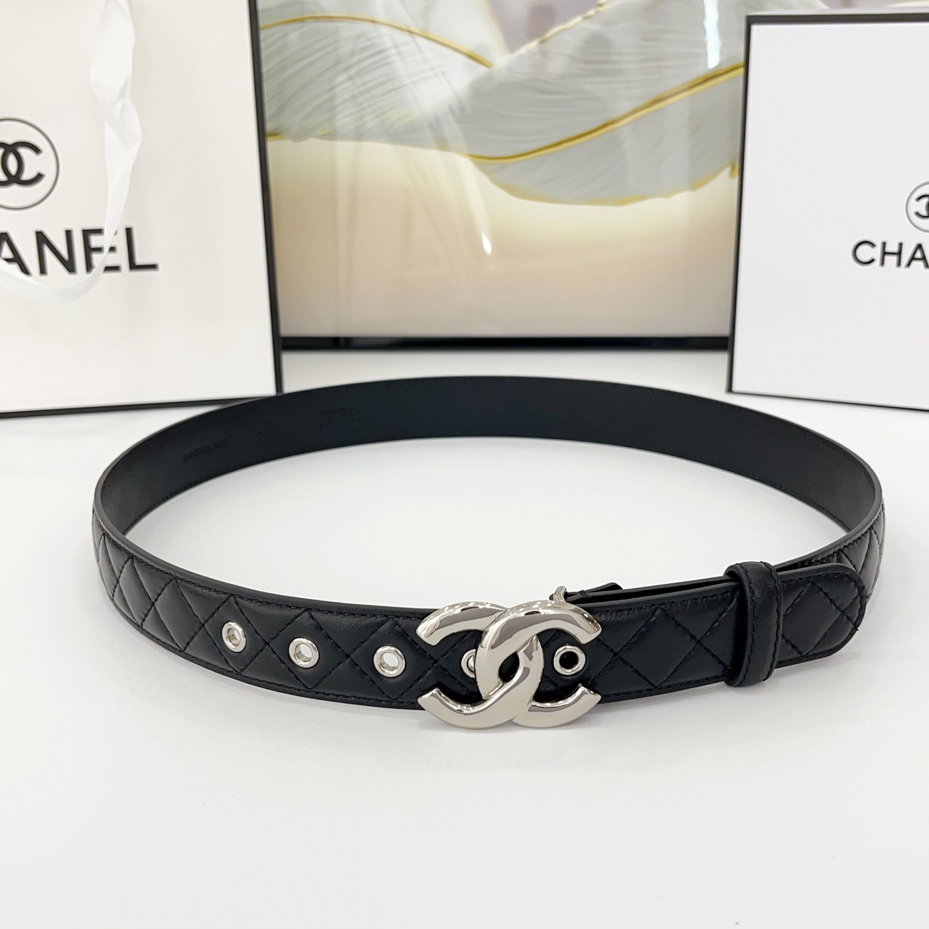 CHANEL DOUBLE C BELT 30MM IN BLACK QUILTED LEATHER WITH SILVER BUCKLE