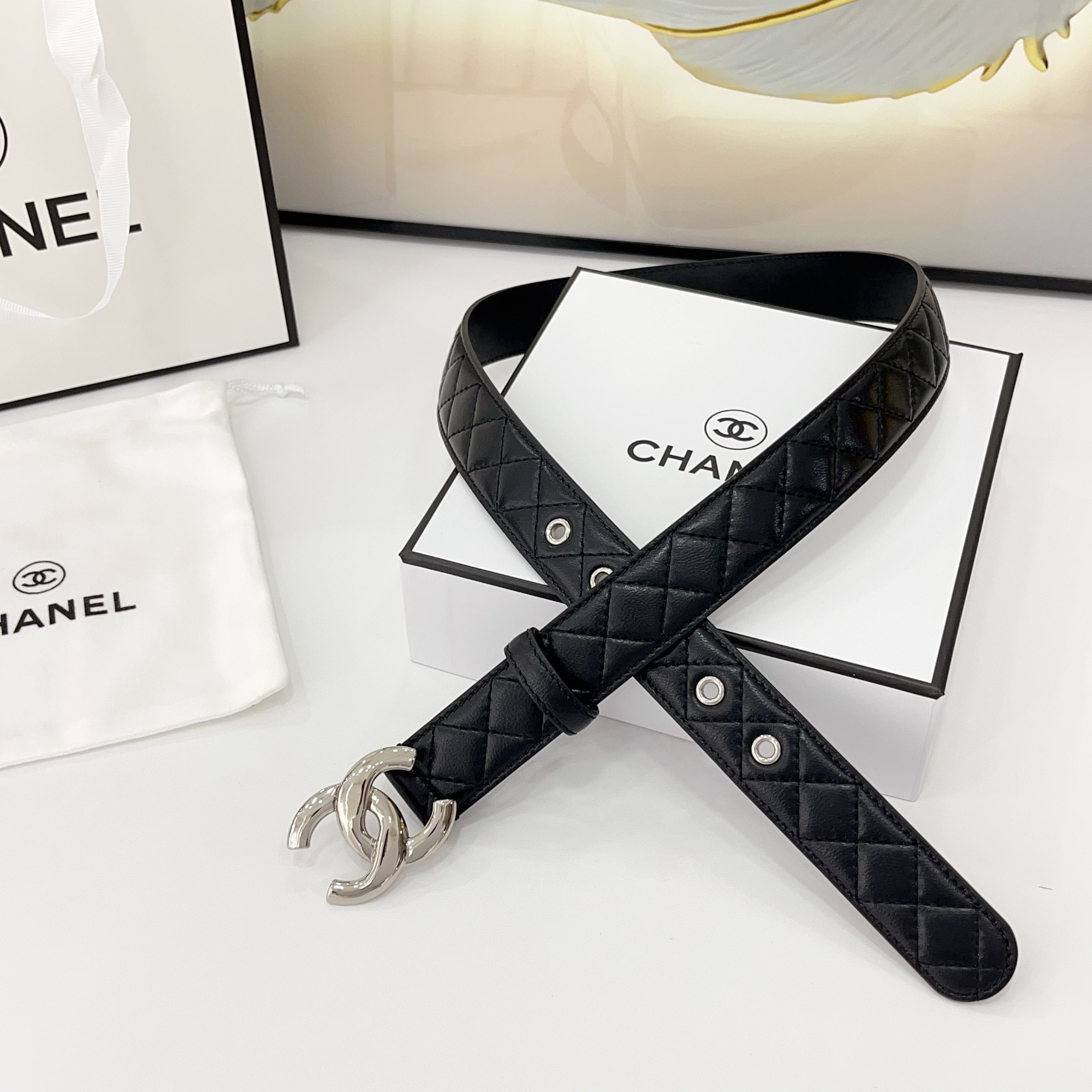 CHANEL DOUBLE C BELT 30MM IN BLACK QUILTED LEATHER WITH SILVER BUCKLE