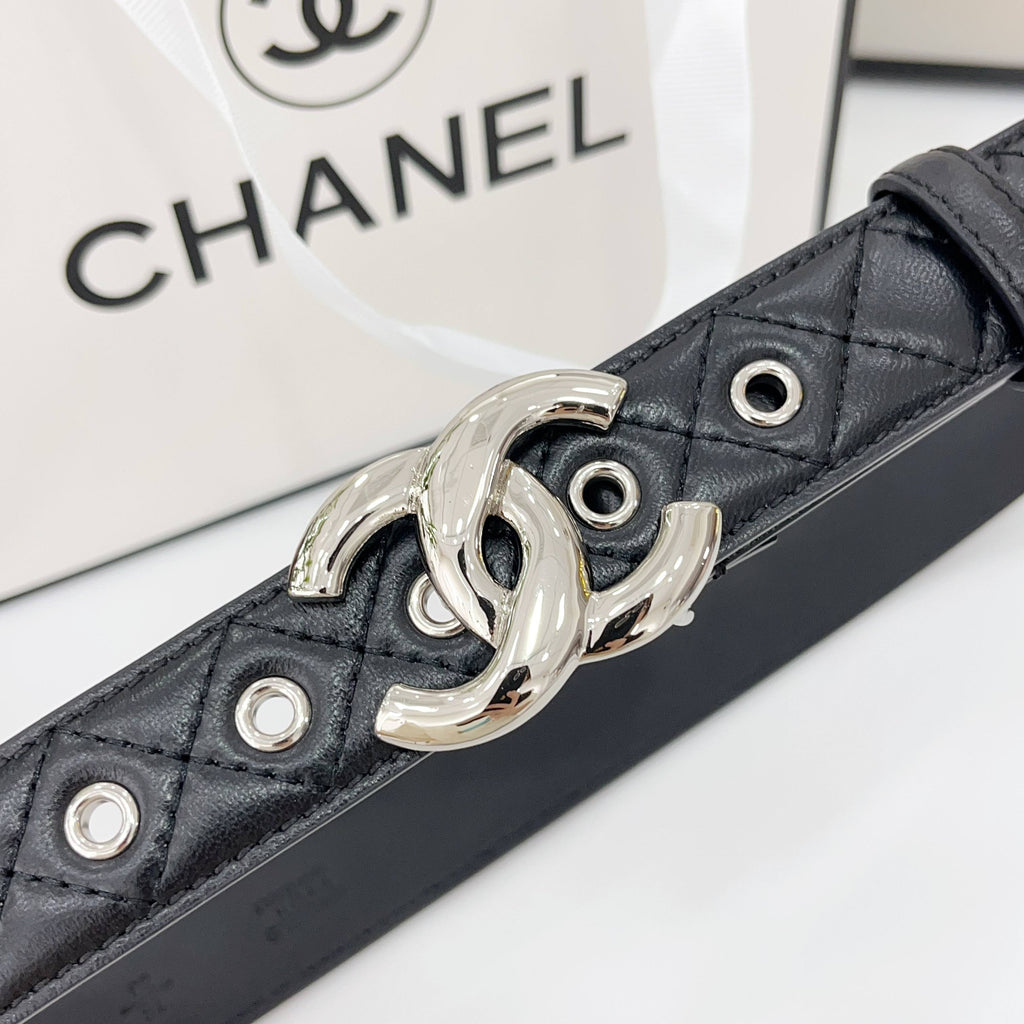 CHANEL DOUBLE C BELT 30MM IN BLACK QUILTED LEATHER WITH SILVER BUCKLE