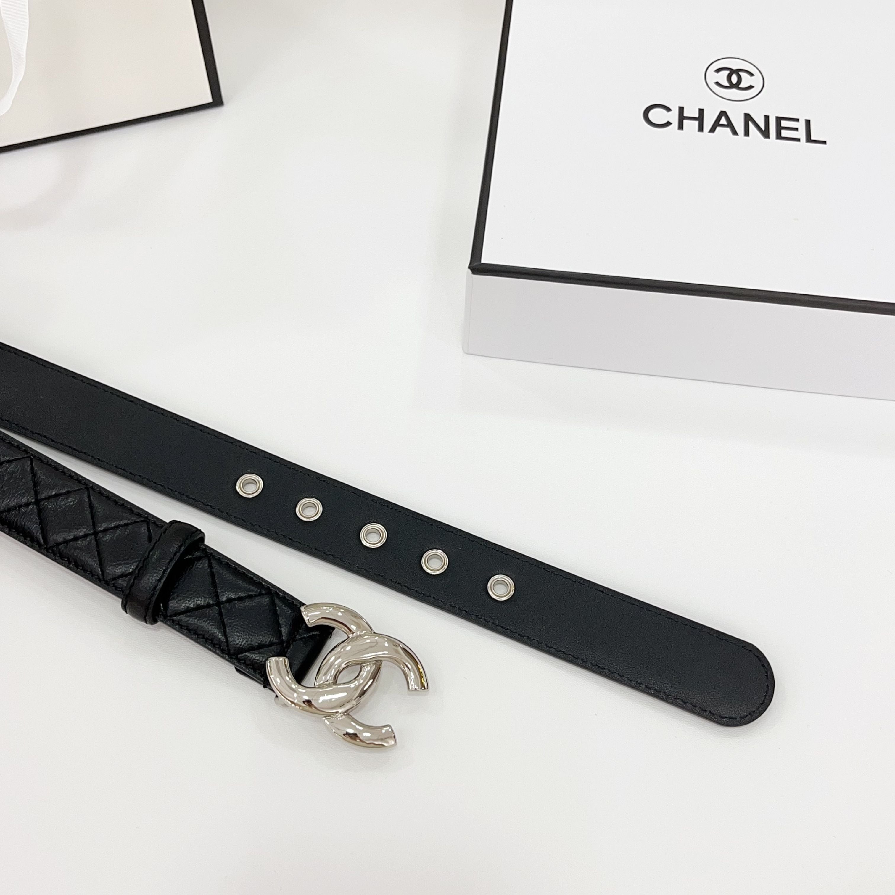 CHANEL DOUBLE C BELT 30MM IN BLACK QUILTED LEATHER WITH SILVER BUCKLE