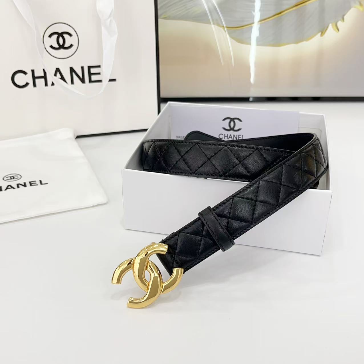 CHANEL DOUBLE C BELT 30MM IN BLACK QUILTED LEATHER WITH GOLD BUCKLE