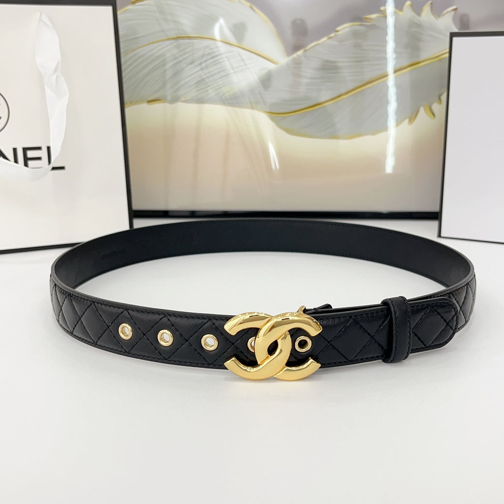 CHANEL DOUBLE C BELT 30MM IN BLACK QUILTED LEATHER WITH GOLD BUCKLE