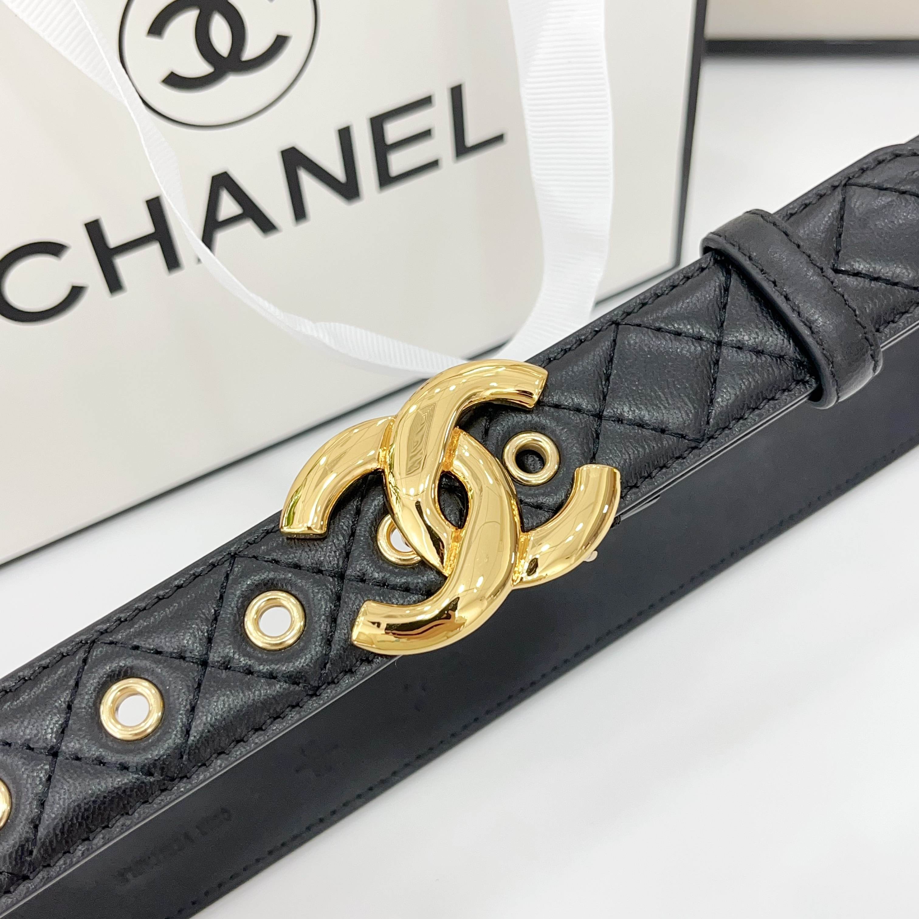 CHANEL DOUBLE C BELT 30MM IN BLACK QUILTED LEATHER WITH GOLD BUCKLE