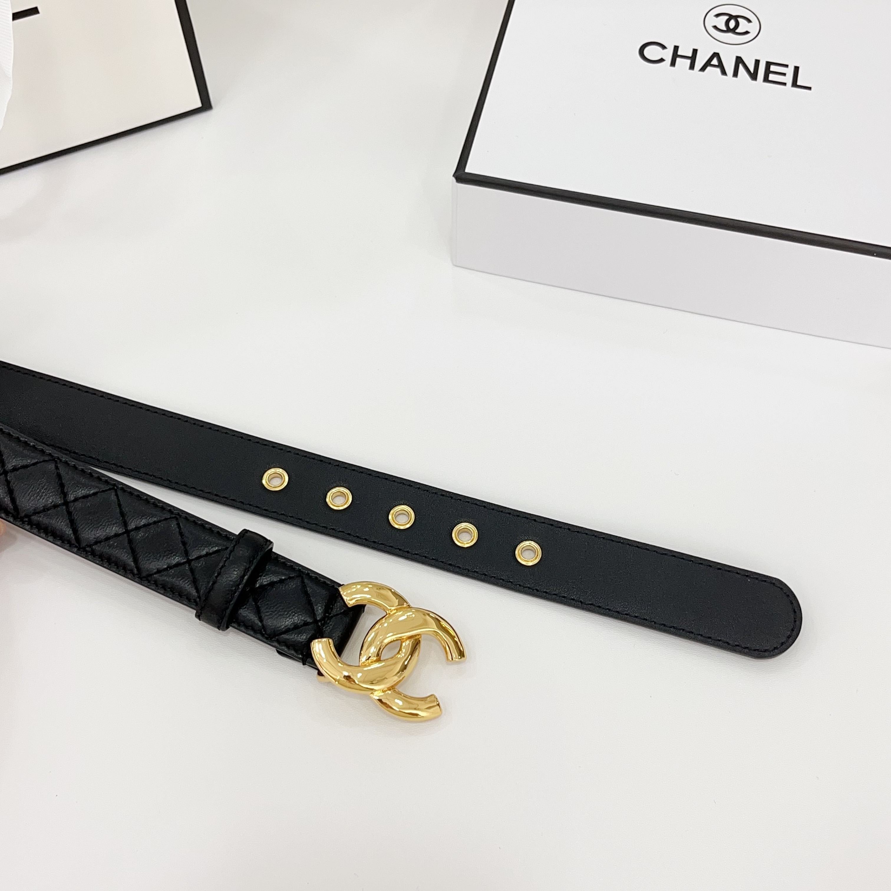 CHANEL DOUBLE C BELT 30MM IN BLACK QUILTED LEATHER WITH GOLD BUCKLE