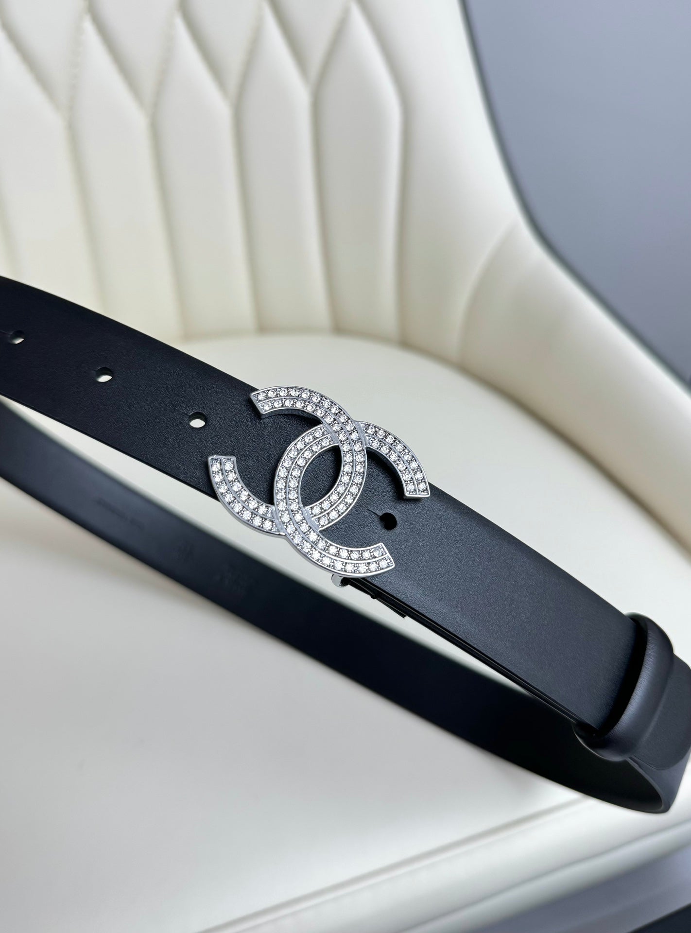 CHANEL BELT 30MM IN BLACK SMOOTH CALFSKIN SILVER HARDWARE ATTACH RHINSTONES