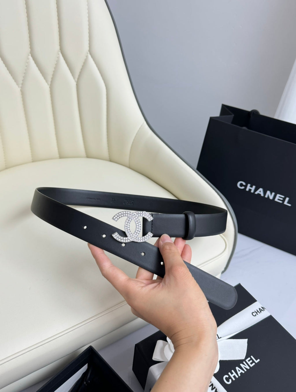 CHANEL BELT 30MM IN BLACK SMOOTH CALFSKIN SILVER HARDWARE ATTACH RHINSTONES