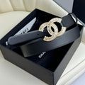 CHANEL BELT 30MM IN BLACK SMOOTH CALFSKIN GOLD HARDWARE ATTACH RHINSTONE