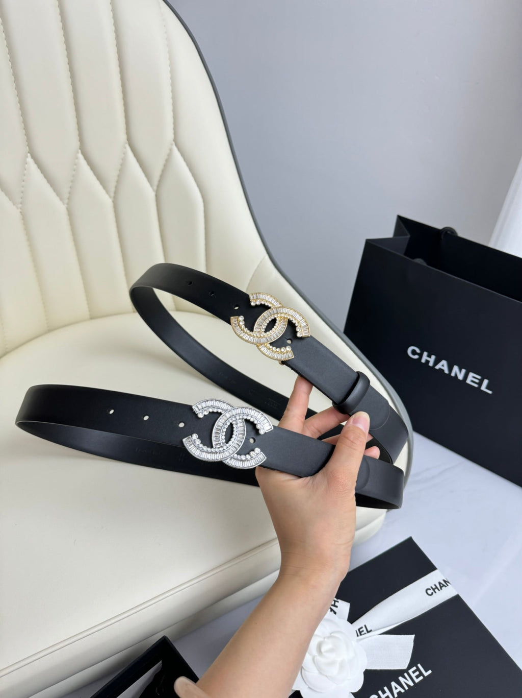 CHANEL BELT 30MM IN BLACK SMOOTH CALFSKIN SILVER HARDWARE ATTACH RHINSTONE